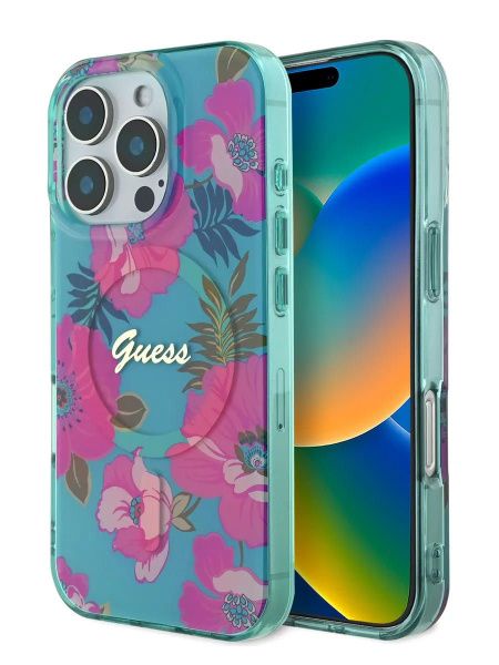 Guess для iPhone 16 Pro чехол PC/TPU Flowers Invisible Ring Hard Pink (MagSafe)